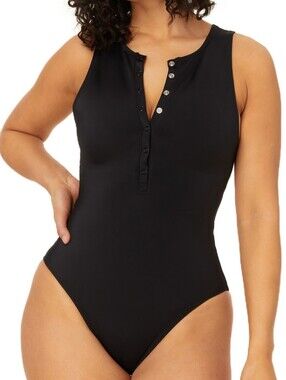 Andie The Malibu One-Piece Swimsuit Women's Large Black Henley Snap Front